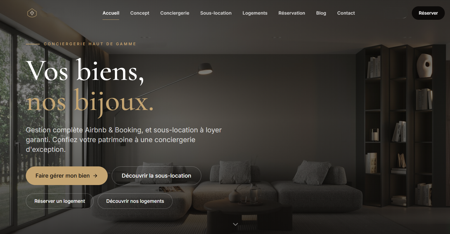 Capture d’écran, version ordinateur, de la page d’accueil d’un site de conciergerie immobilière