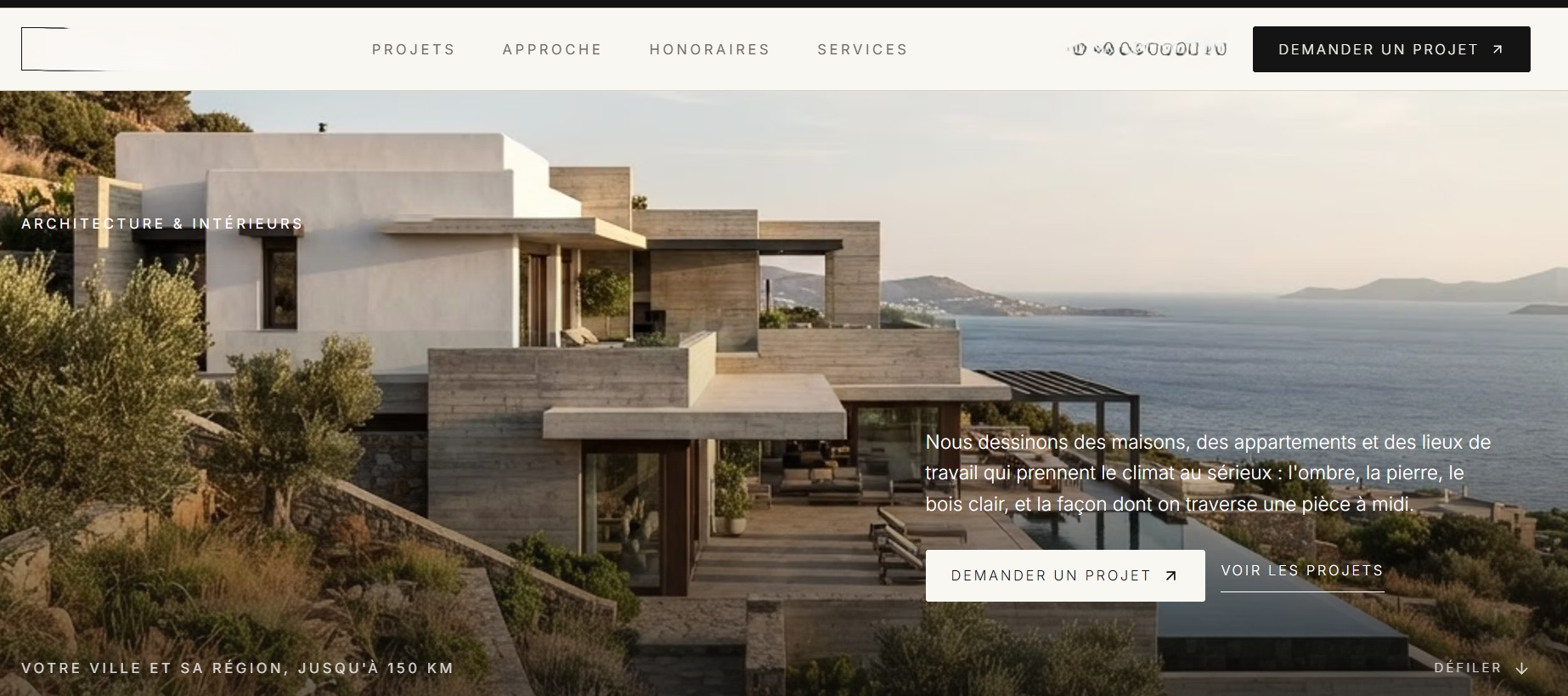 Capture d’écran, version ordinateur, de la page d’accueil d’un site d’architecture avec un projet en grand format